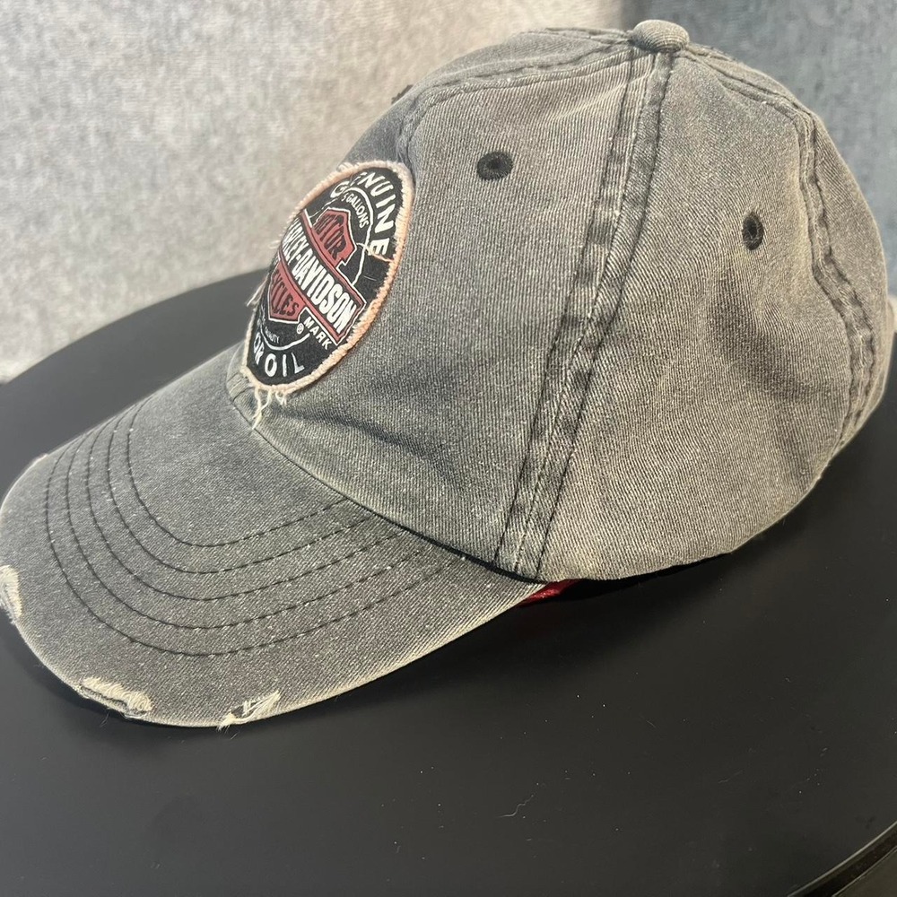 Harley Davidson Mens Distressed Genuine Motor Oil Biker Trucker Hat Grey Black - Picture 2 of 8